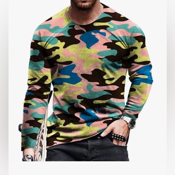 Source Unknown Other - Men's Camo Long Sleeve Crewneck - NEW-Pullover Lightweight Slim Fit Casual Shirt